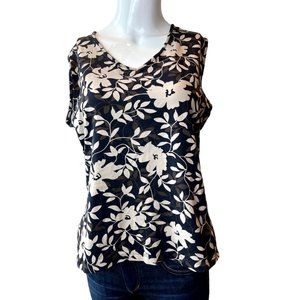 Croft & Barrow Women Floral Tank Top Sleeveless V Neck White Black Size Medium
